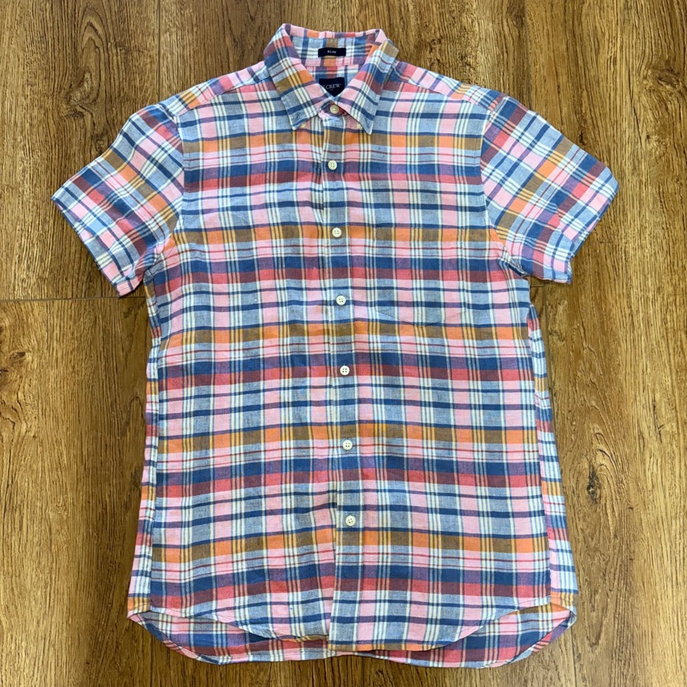 J. Crew Shirt Mens Small Slim Fit Colorful Linen Blend Button Down Plaid Beach